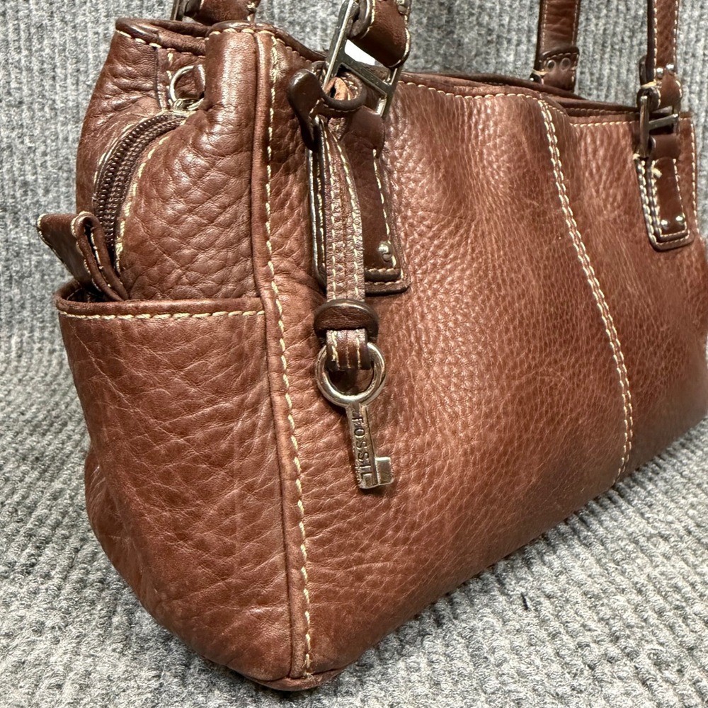 Vtg Y2K Fossil Satchel Bag Brown Pebbled Leather Top Handle Purse Key Charm EUC - Picture 4 of 15
